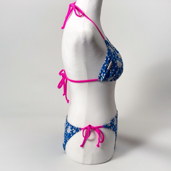 πΊ J.Crew Blue Floral Neon Pink Bikini Swimsuit Size S/M Tie Bottom Retail: $150 - Picture 5 of 16